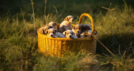 Little puppies in a basket on a green meadow at sunset.の素材