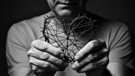 Black and white image of a man holding a heart made of wireの素材