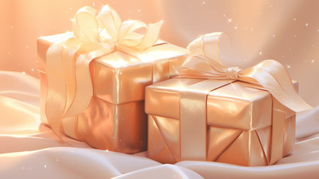 Gift boxes with ribbons and bows on a light background. 3d renderingの素材