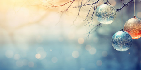 Christmas or New Year background with Christmas balls on tree branches and bokeh lightsの素材