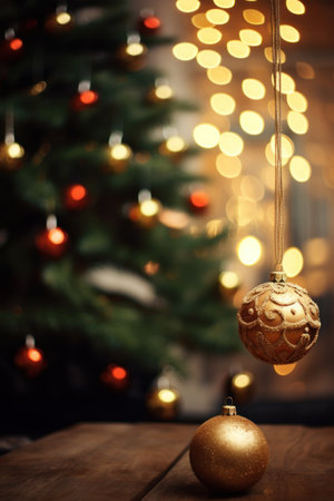 Christmas tree with golden baubles on wooden table against blurred lightsの素材
