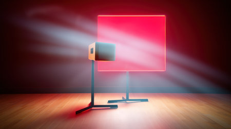 Blank red billboard in dark room, 3d rendering. Computer digital drawing.の素材