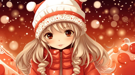 Cute little girl in red coat and hat with snowflakesの素材