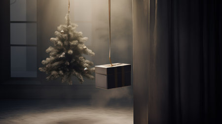 Christmas tree and gift box in dark room. 3D Renderingの素材