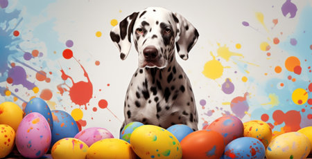 Digital composite of Dalmatian dog and Easter eggs with colorful splashesの素材