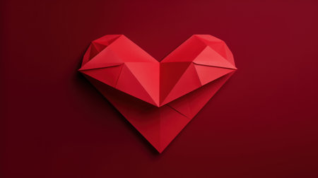 Red origami heart on red background. Valentines day card.の素材