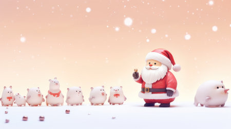 Santa Claus and many white piggy bank on snow background. Christmas and new year concept.の素材
