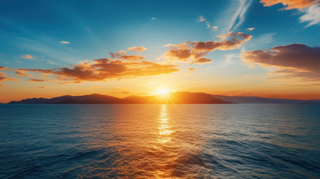 Sunset on the sea. Beautiful sunset over the sea and mountainsの素材