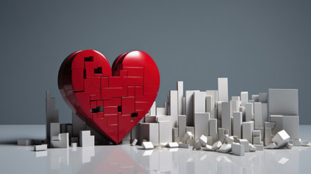 3d illustration of red heart with city skyline on the background.の素材