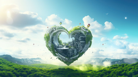 Green city in heart shape with clouds and sunlight. 3d renderingの素材