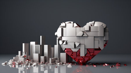 3d illustration of red heart with cityscape in the background.の素材