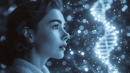 Portrait of beautiful young woman against digitally generated image of dnaの素材