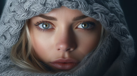 Portrait of a beautiful girl with blue eyes in a gray scarfの素材