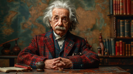 Portrait of an old man sitting at the table in his room.の素材