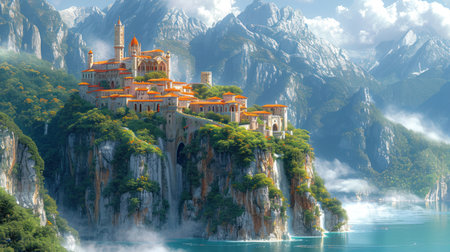 Panoramic view of the monastery of Our Lady of the Rocks on the cliff in the foggy morning.の素材