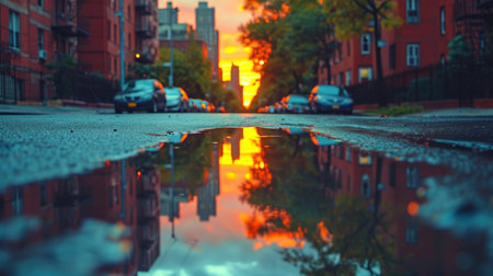 Reflection of buildings in a puddle at sunset in New York Cityの素材