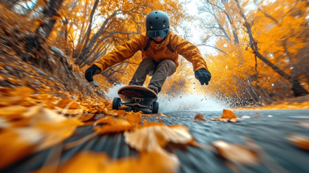 Boy riding a snowboard in the autumn forest. Extreme sport.の素材