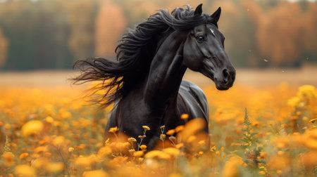 Beautiful black horse with long mane in the field of yellow flowersの素材