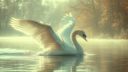 swan on blue lake water in sunny day, swans on pond, nature seriesの素材