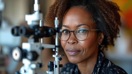 Portrait of an African-American female optometrist in her officeの素材
