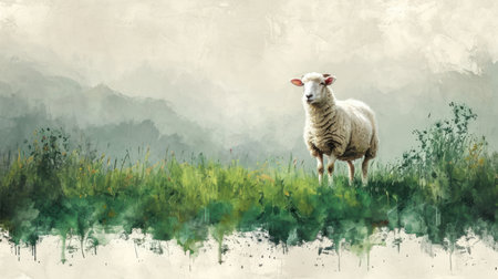 Digital painting of a sheep grazing in a meadow in the countrysideの素材