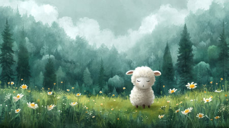 Fantasy landscape with a sheep in the meadow. Digital painting.の素材
