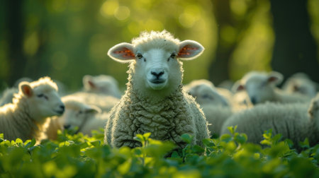 Sheep in the meadow with green grass and bokehの素材