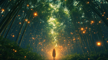 Mysterious woman in the forest with light rays coming through the treesの素材