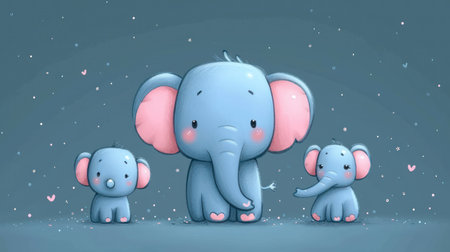 Cute elephant family on blue background. 3D rendering illustration.の素材