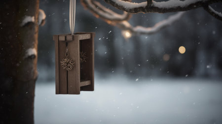 Wooden bird feeder hanging on a tree in the winter forestの素材
