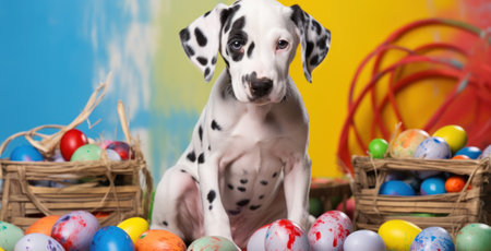 Adorable Dalmatian puppy sitting in front of colorful Easter eggsの素材
