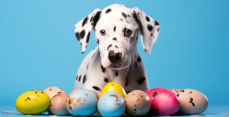 Studio shot of a dalmatian puppy with colorful Easter eggsの素材