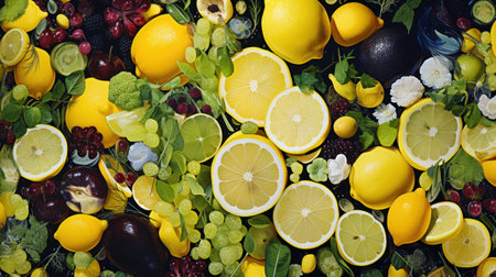 Fresh fruits and vegetables as background. Top view, flat lay.の素材