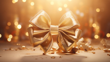 golden gift bows on bokeh background. christmas and new year conceptの素材