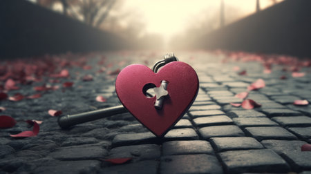 Valentine's Day. Heart shaped key with rose petalsの素材