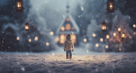 Christmas and New Year concept. Cute little boy walking in the snow in front of a wooden houseの素材