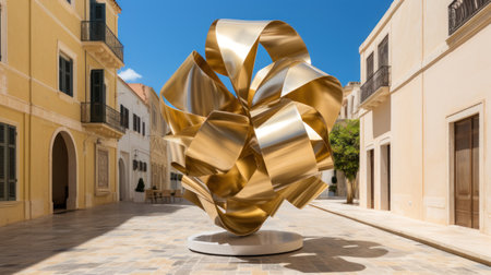 3d illustration of a golden ribbon in the center of an old townの素材