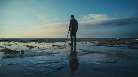 Man walking on the beach with fishing rod in the evening light.の素材