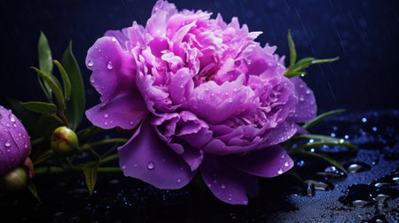 Beautiful purple peony flower with drops of water on dark backgroundの素材