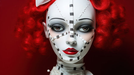 Close-up portrait of a white robot with red hair and makeupの素材