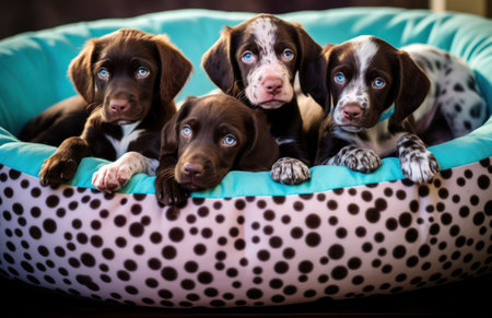 Three puppies of German Shorthair Pointer in a soft bedの素材