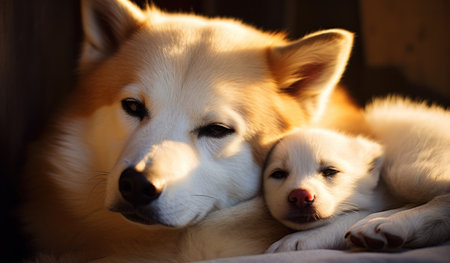 Cute Japanese Akita Inu puppy sleeping with its mother.の素材