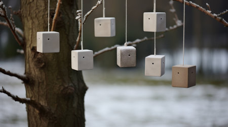 Wooden birdhouses hanging on a tree in the park in winterの素材
