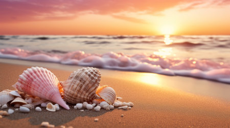 Seashells on the beach at sunset. Summer vacation conceptの素材