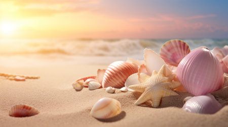 Seashells on the beach at sunset. Summer vacation conceptの素材