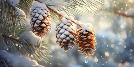 Pine branches with cones covered with hoarfrost. Winter backgroundの素材
