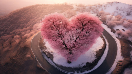 Heart shaped tree in the middle of a road in the winter seasonの素材