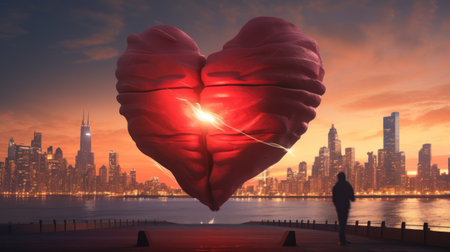 Conceptual image of broken heart with cityscape in the backgroundの素材