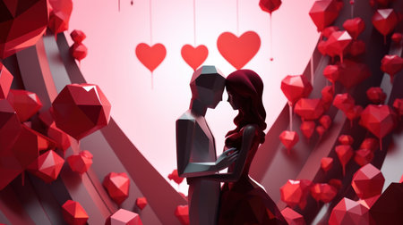 Valentines Day Couple in Love with Red Hearts 3d Renderingの素材