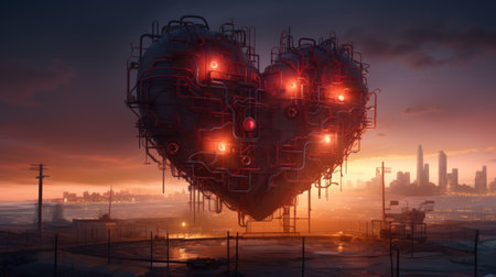Valentine's day concept. 3D illustration of a red heart on a city background.の素材